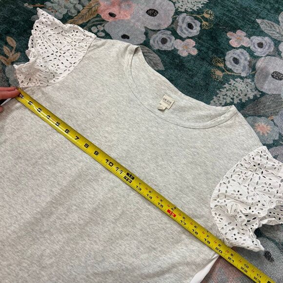 Rebecca Taylor La Vie Top Womens Large Grey Heather White Eyelet Sleeve Crewneck - Picture 9 of 10